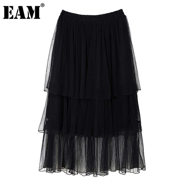 

[eam] women high elastic waist black ruffles ruched mesh half-body skirt women fashion spring autumn 1dd6079 210512