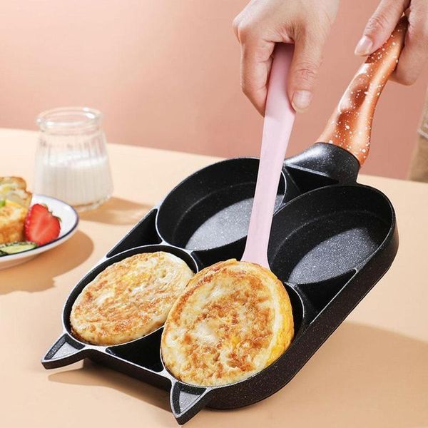 

four-hole non-stick frying pan pancake steak egg ham pot breakfast aluminum alloy cooking kitchen wooden handle omelette pans