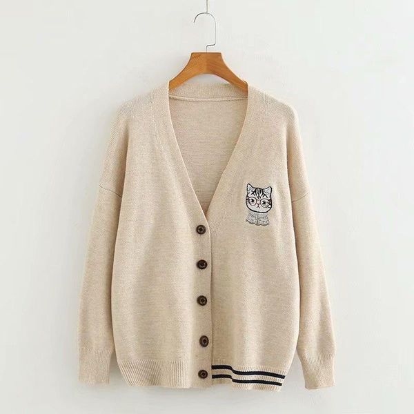 

women's knits & tees korean kawaii cat women cashmere sweater jumper coat cute kitty embroidery girl long sleeve large size warm knit c, White