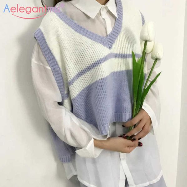 

aelegantmis preppy style student korean vest jumper women casual loose short oversize vintage knitted woman outerwear 210607, Black;white