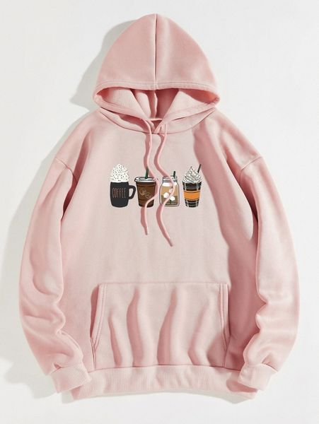 

cup print drawstring thermal lined hoodie a8hx#, White;black