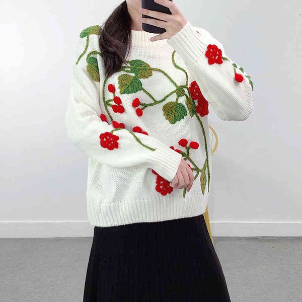 

women's sweaters outono inverno retro mÃ£o gancho tridimensional flores b solto grosso camisola de malha luxo alta qualida jumper femini, White;black