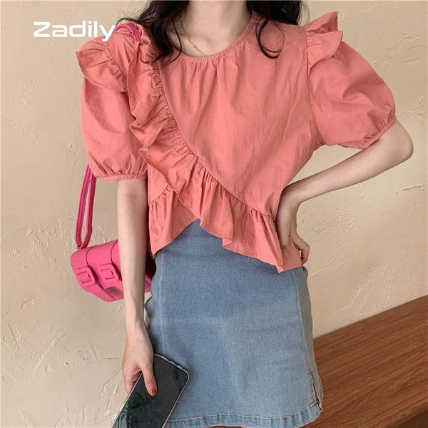 

women's blouses & shirts zadily chic korean style short sleeve chiffon blouse for women ruffles asymmetrical crop 2021 summer female cl, White