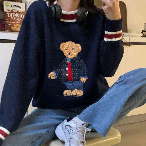 

women japan style fall cartoon bear embroidery pullover knitting sweater female casual warm harajuku sweet kawaii winter clothes g1008, White;black