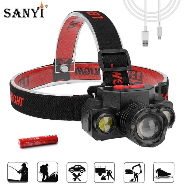 

outdoor camping headlight portable mini xpe+2*cob led headlamp usb charging 18650 headlights fishing head headlamps