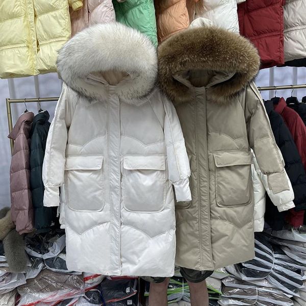 

women's down & parkas winter large natural fur collar hooded long jacket women white duck coat windbreak sleeve warm outwear, Black