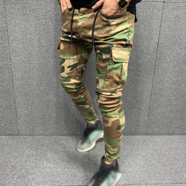 

men's jeans men camouflage trousers fashion stretch skinny denim pencil pants male casual slim fit multi-pocket cargo streetwear, Blue