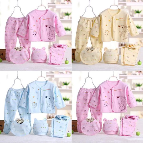 

clothing sets 5pcs born baby boy girl cartoon long sleeve +hat+pants +bib outfit set boys girls suits, White
