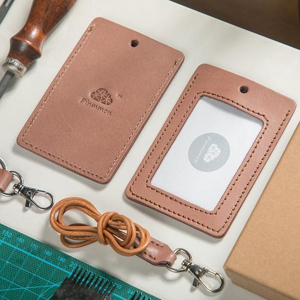 

card holders customized handmade women men genuine leather id credit bank holder students bus visit door identity badge cards cover, Brown;gray