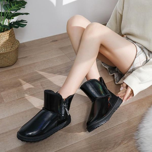 

boots fashion leather waterproof and cold proof snow women's winter plush thickened comfortable warm fur integrated shor, Black