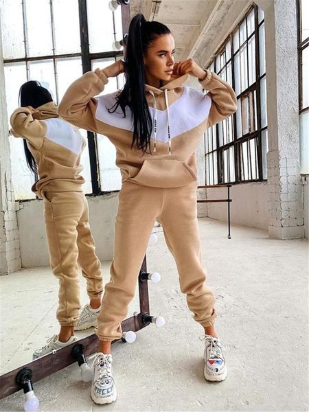 

women's two piece pants autumn hoodies sport set women winter tracksuit solid sweatshirts+pants casual streetwear sweat suits, White