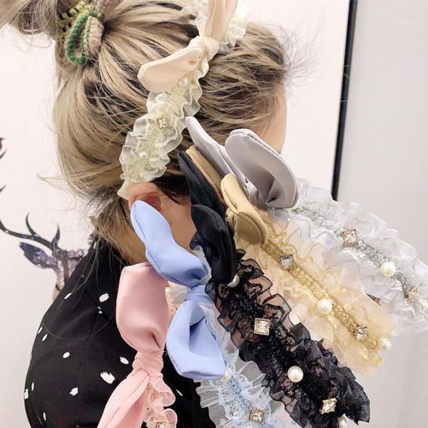 

ladies elegant dress temperament pearl diamond lace princess folds bowknot ears thin side hair band headband1