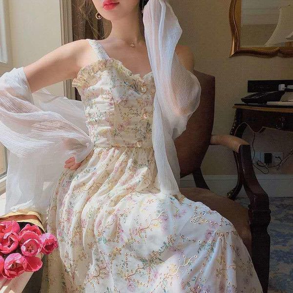 

casual dresses spaghetti strap dress summer women french elegant vintage floral sweet 2021 fashion clothing party chiffon korean, Black;gray