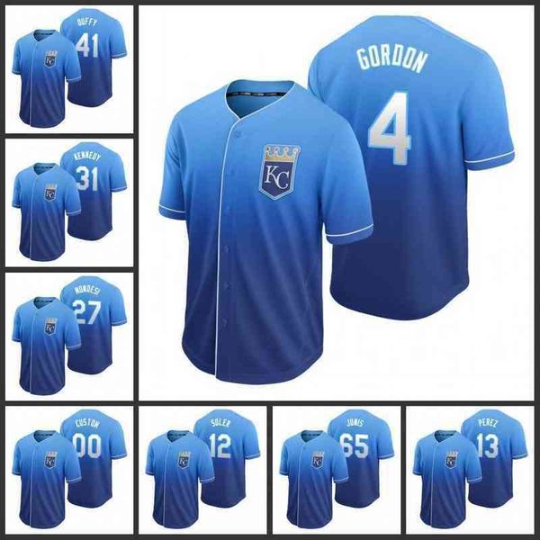 

Kansas' City' Royals Men Women Youth #13 Salvador Perez 41 Danny Duffy 4 Alex Gordon 15 Whit Merrifield Custom Royal Fade Jersey