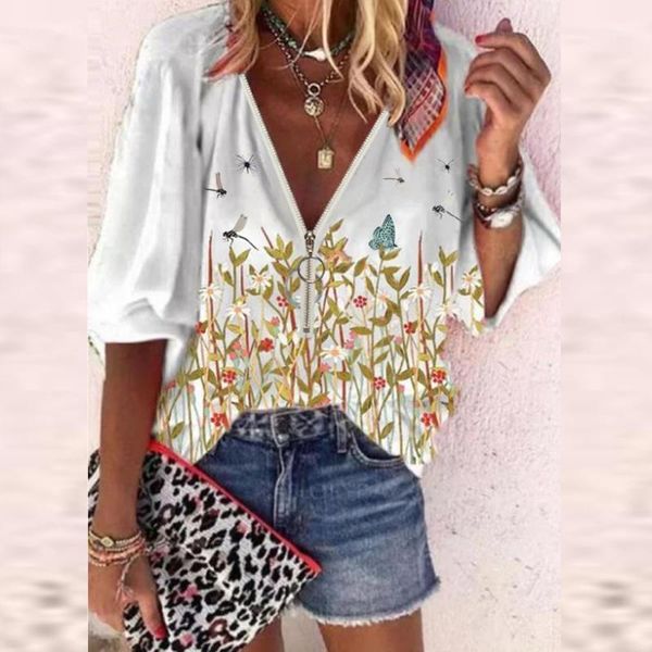 

women's t-shirt t-shirts womens v-neck printing zip front shirts lantern sleeve loose casual female shirt streetwear clothes, White