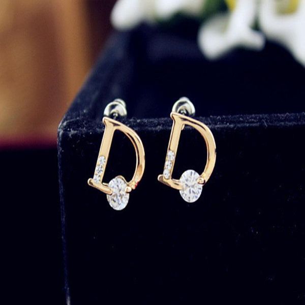 

korean edition of -selling letter d inlaid zircon cut design earrings stylish simple temperament women's gift stud, Golden;silver