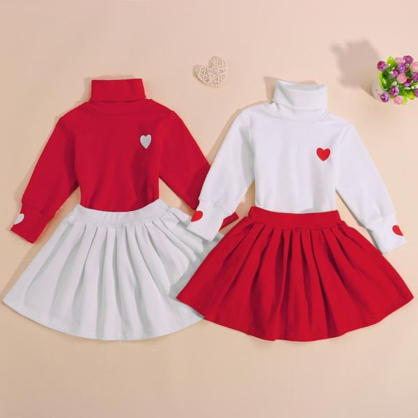 

clothing sets girls casual two-piece clothes set, turtleneck long sleeve and pleated skirt, red/ white