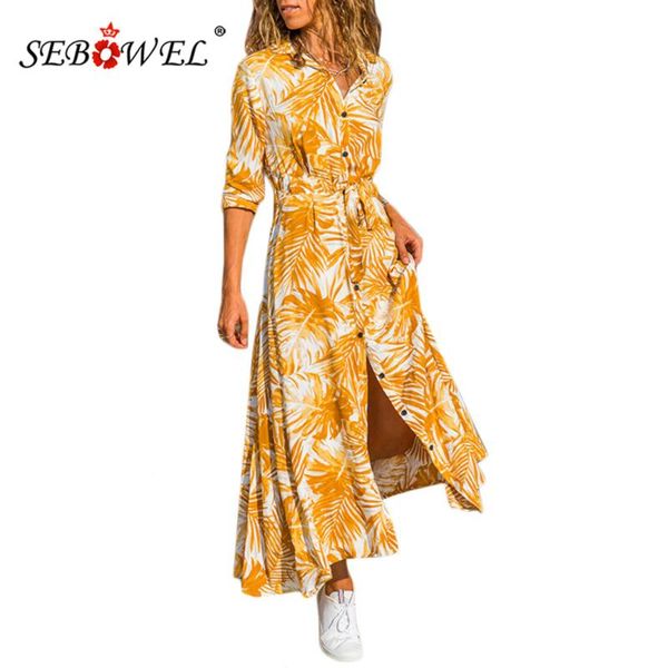 

casual dresses sebowel 2021 woman floral print maxi lapel shirts dress spring female boho long sleeve chiffon autumn size s-xl, Black;gray