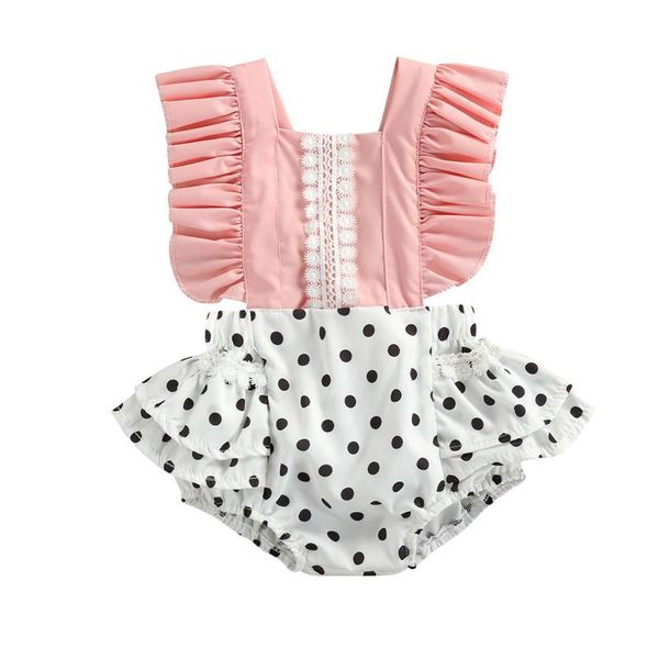 

rompers 2021 toddler summer bodysuit lace wave dot match square-neck ruffled sleeveless v-back jumpsuit for baby girls 0-24 months, Blue