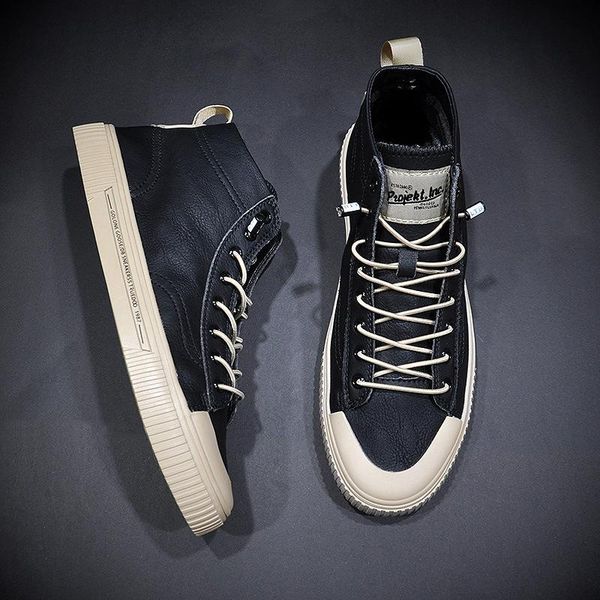 

men's ankle boots skateboard vulcanized shoes comfortable soft-sole breathable spring autumn lace up men sneakers flats dress, Black