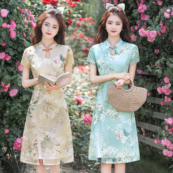 

summer embroidery applique chiffon split qipao traditional chinese women short sleeve dress daily aodai cheongsam, Red