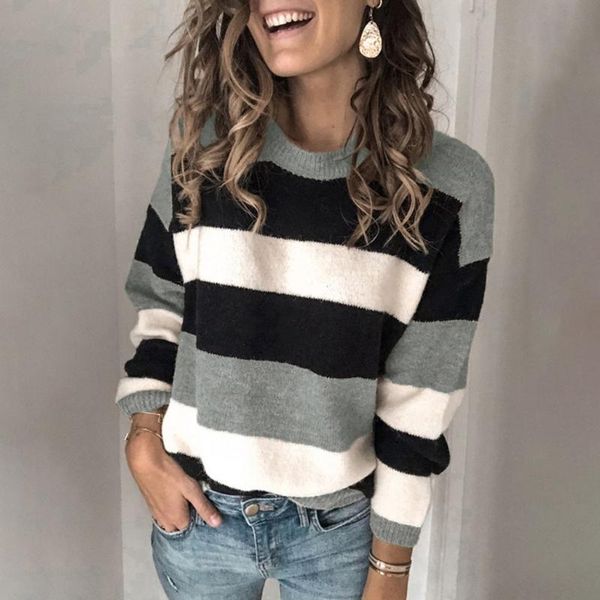 

women's sweaters women autumn long sleeve round neck sweater contrasting color stripes loose pullover casual knitted rib trim jumper, White;black