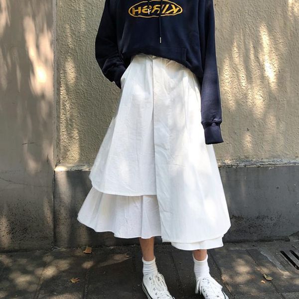 

skirts summer harajuku irregular women white black high waist elasitc chic big swing skirt female a-line saias