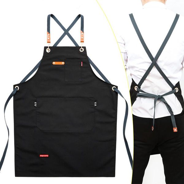 

aprons 2021 fashion work apron for men canvas black bib adjustable cooking kitchen woman with tool pockets