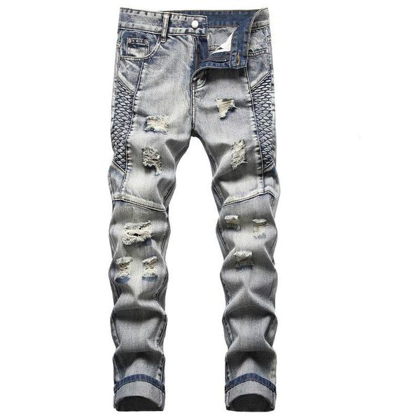 

men's jeans trendy pants 2021 ripped personality embroidered european and american nostalgic, Blue