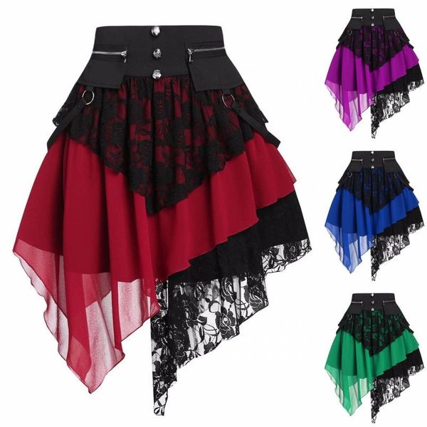 

women's fashion lace stitching zipper button irregular retro skirt floral high waist skirts clothes, Black