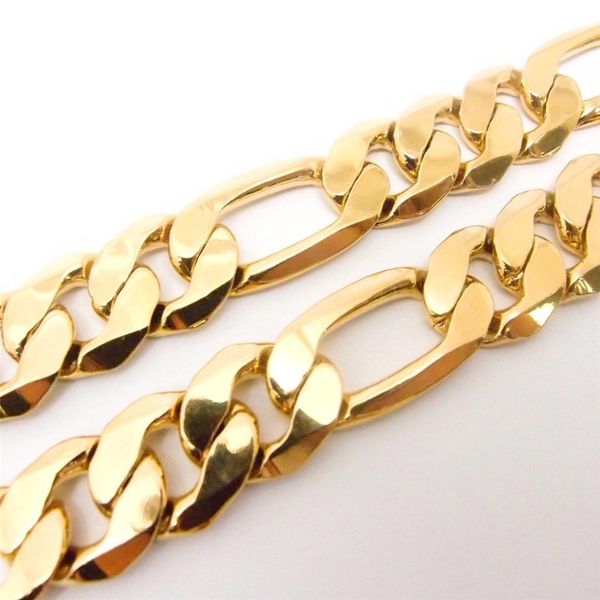 

men's 18 k yellow solid gold g/f figaro necklace chain link flat hammered wide 12mm 24", Silver