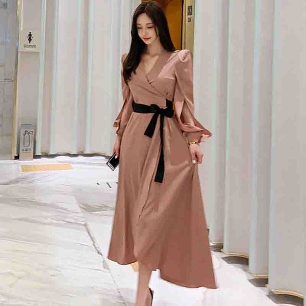 

llzacoosh ladies fashion dresses autumn a-line v neck sashes elegant slim korea vintage long sleeve long dress 210514, Black;gray