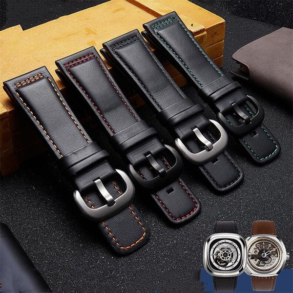 

watch bands smooth superior genuine leather watchband 28mm black pin clasp calfskin strap fit for seven-friday stock man's bracelet, Black;brown