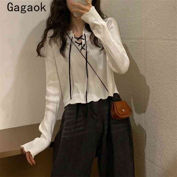 

basic swearter women spring autumn v-neck short lace up solid korean slim casual wild fashion knit pullover 210531, White;black
