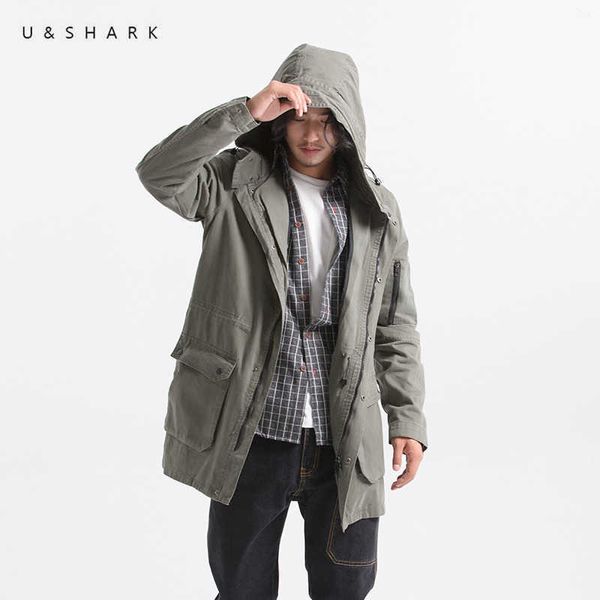 USHARK Men Trench Jacket Army Green Trench coat con cappuccio Abbigliamento maschile in cotone Versione lunga Giacca a vento Giacche Cappotti Oversize 210603