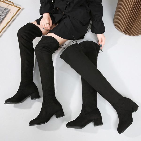 

boots big size children's autumn / winter thin long women's knee length elastic show and thick heels, Black
