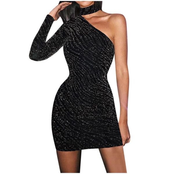 

casual dresses evening party women black shiny one shoulder dress bodycon club metallic glitter mini woman clothes, Black;gray
