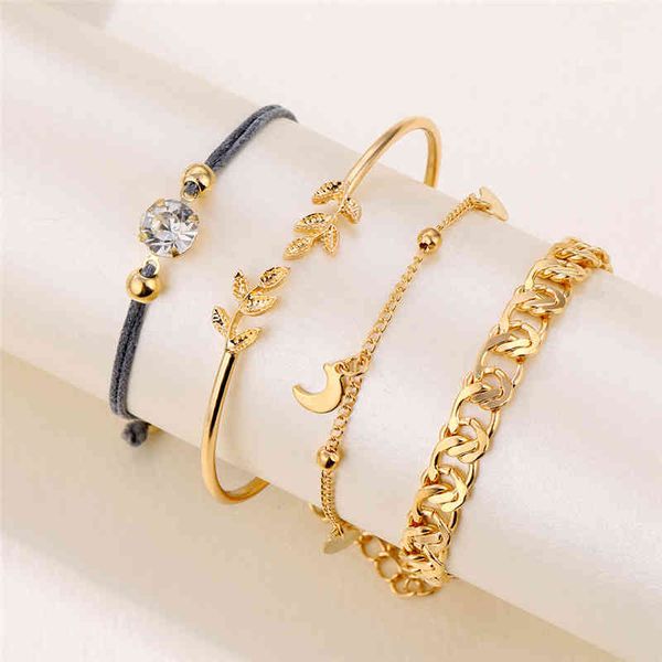 

bohemian moon leaves crystal bracelet for women female gold color charms bracelet set bangle femme pulsera fashion boho jewelry, Golden;silver