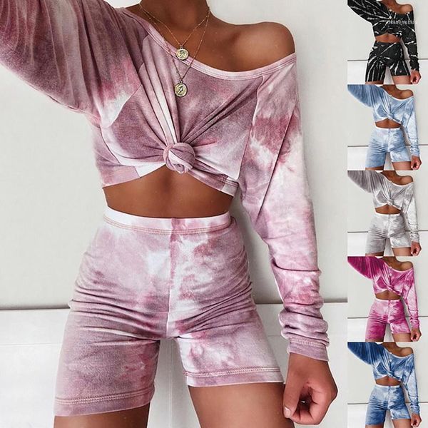 

running sets soft tie dye set women sportswear loose 2 pieces sleepwear pyjamas long sleeve shirts+ shorts jogging suits1, Black;blue