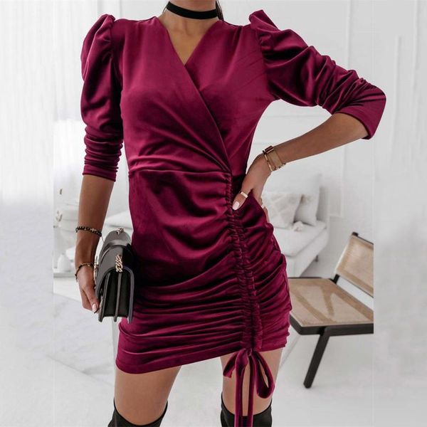 

casual dresses velvet v-neck dress pure color fashion draw string party elegant long sleeve ruched mini, Black;gray