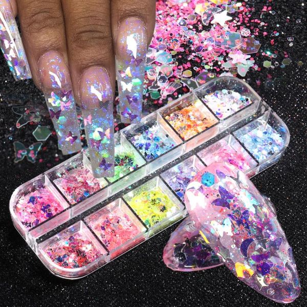 

nail glitter 12 grid flakesnail art decorations fluorescence butterfly star heart mirror sparkly sequins 3d accessories nfnh/th, Silver;gold