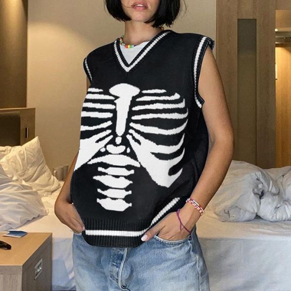 

women's sweaters autumn winter loose jumper y2k skeleton print v-neck knitted vest sweater women casual sleeveless pullover, White;black