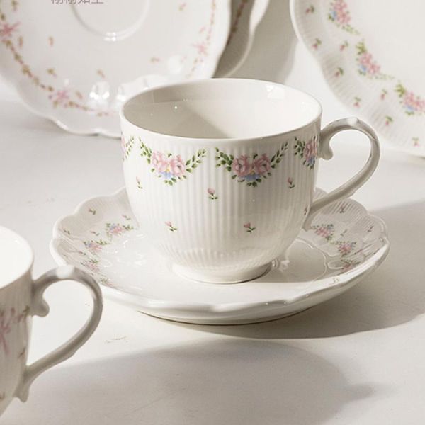 

cups & saucers aesthetic flower tea coffee cup handmade ceramic white original mugs creative tazas desayuno
