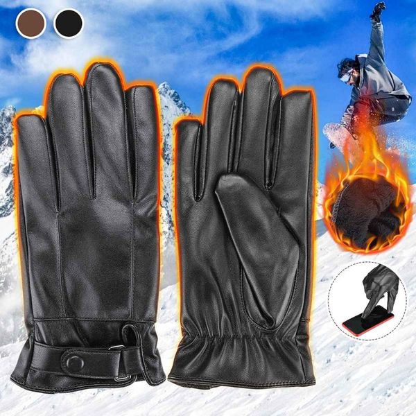 

ski gloves men genuine leather autumn winter warm touch screen full finger black waterproof skiing