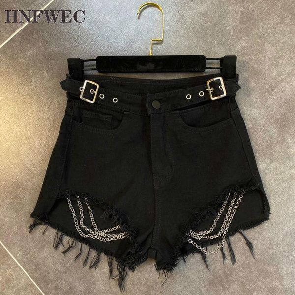 

women's jeans 2021 summer fashion street style loose tassel button black broken chain high waist denim shorts women t344, Blue