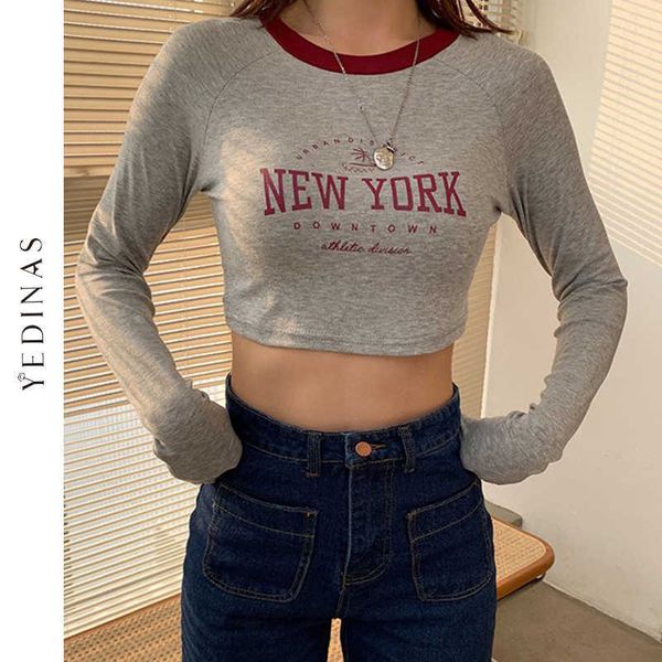 Yedinas Lettera Stampa Manica Lunga Crop Top Donna Sexy Slim T-Shirt Grigio Vintage Coreano Vestiti Primavera Harajuku Streetwear 90s 210527