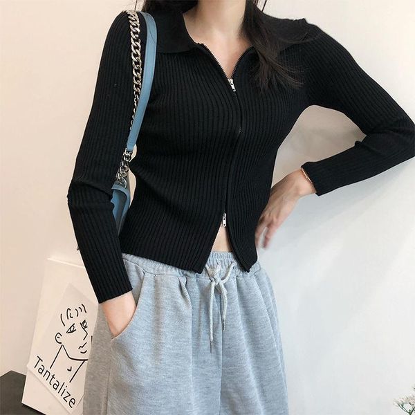 

korean turn-bown collar knitted women sweet cute skinny long sleeve cardigan spring solid zipper cropped sweater women's t-shirt, White