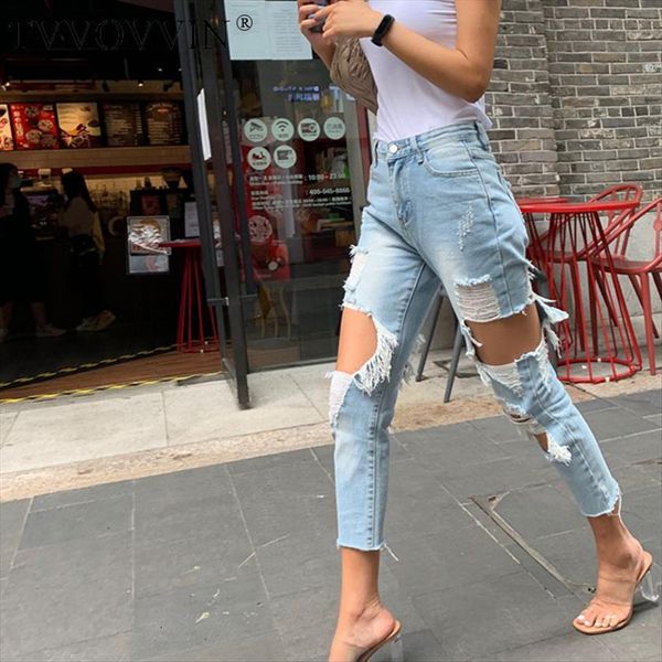 

denim ripped high waist hole womens jeans ankle length pants leisure pencil 7eny, Blue