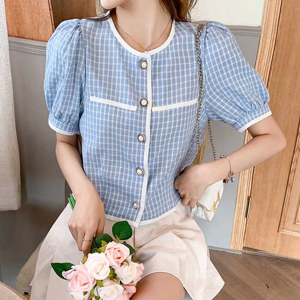 

summer slim thin puff sleeve small fragrance cardigans o-neck single-breasted elegant korean sweet fashion slim blouse 210527, White