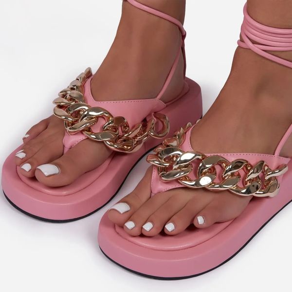 Damenschuhe 2021 Sandalen Dickbesohlte Mid-Heel-Flatform-Flip-Flops Metallkette Fußkettchenriemen Römische Sandale